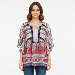 Fig & Flowers Anthropologie Floral Short Sleeve Peasant  Boho Blouse Top L